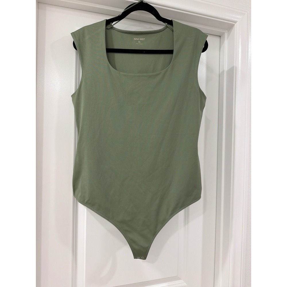 Nine West Square Neck Bodysuit Women XL Green Sleeveless Stretch Thong Back